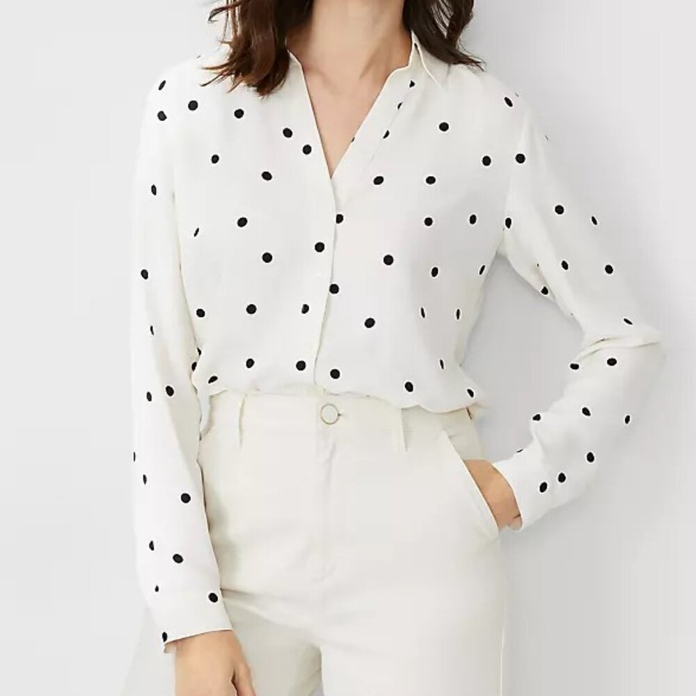 Ann Taylor- Dotted Essential Shirt- Winter White- Women's Small